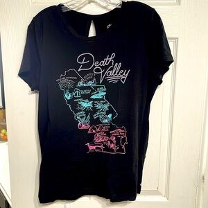 Torrid happy camper black tshirt, open cut back size 0